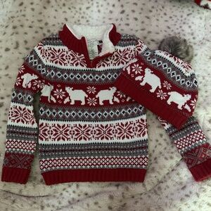 Festive Red and White Kids Sweater with Bear Design